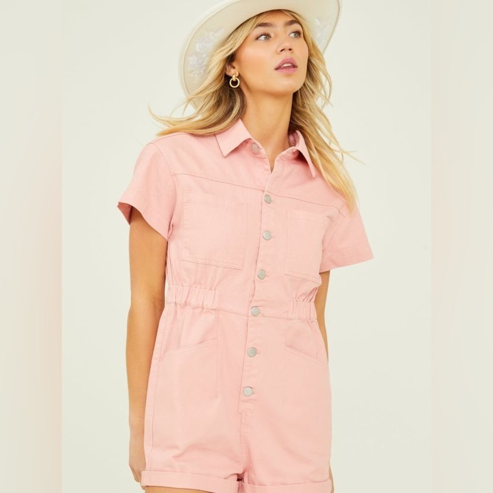 Altar’d State Skylar Blush Pink Denim Cotton Romper